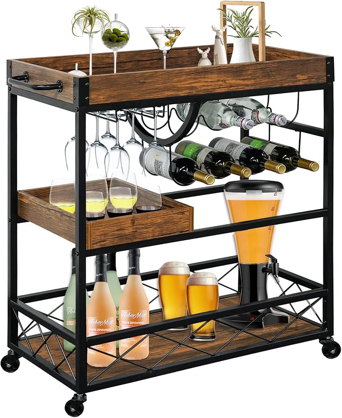 Bar Cart for The Home, 3 Tire Industrial Rolling Serving Cart on Lockable Wheels by Ohsuaniy
