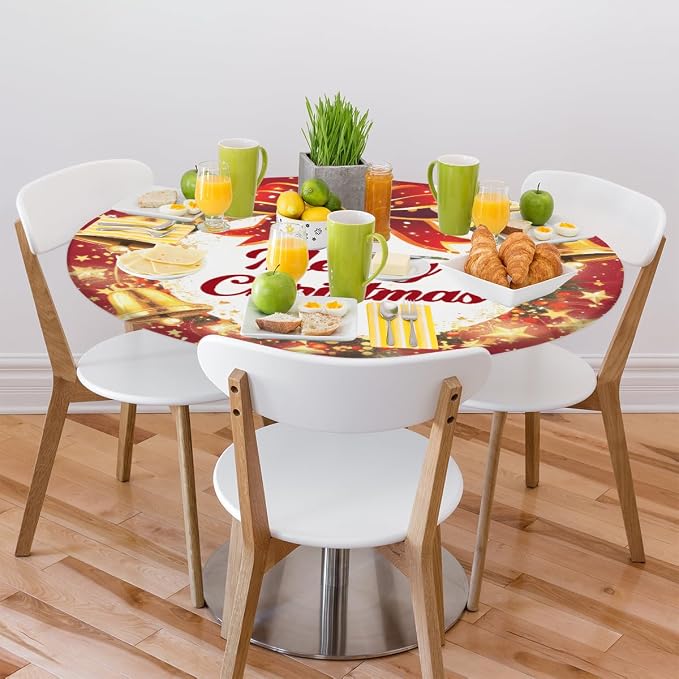 Merry Christmas Bell Bow Round Table Cloth Cover, Elastic Edge Waterproof - Image 7