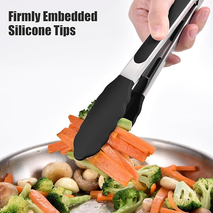 Tongs with Silicone Tips, Locking Stainless Steel, Black