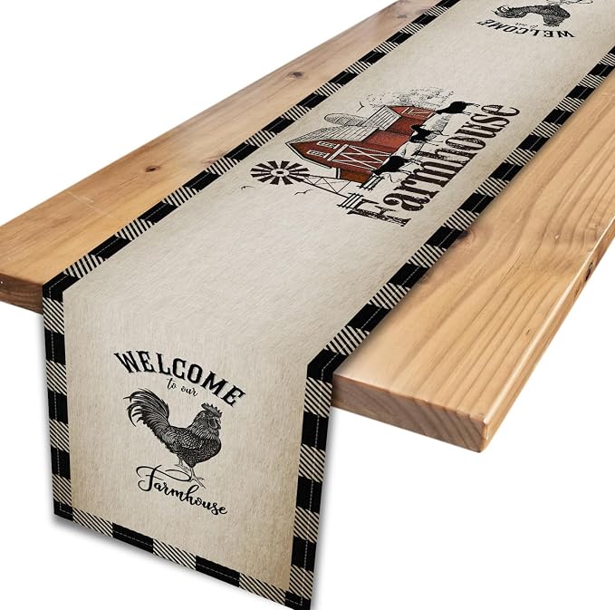 Farm Animals Table Runner, Rustic Farmhouse Cow Pig Rooster Watercolor Coffee by Unknown