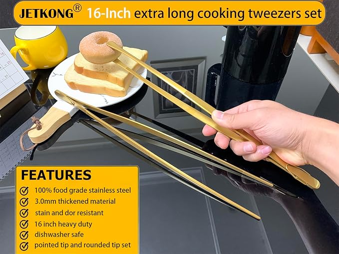 Tongs 16-Inch Extra Long Stainless Steel Gold Cooking Tweezers, 2 Pack