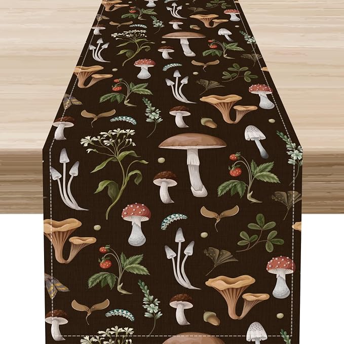 Mushroom Table Runner, Rustic Farmhouse Forest Plants Botanical Wild Floral by Unknown