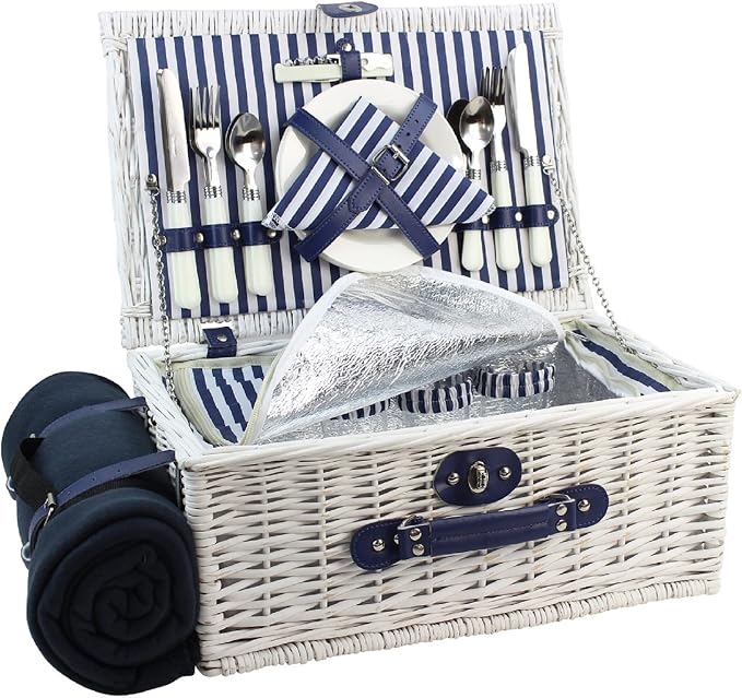 Picnic Basket Willow for 4 Persons, Large Wicker Hamper Set by OutdoorLivingPicnicItems