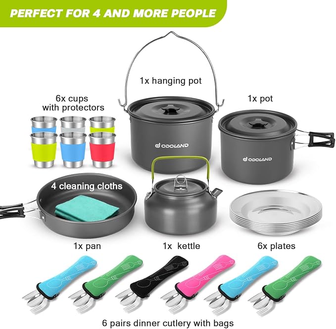 Odoland 39pcs Camping Cookware Mess Kit, Non-Stick Large Size Hanging Pot Pan - Image 2