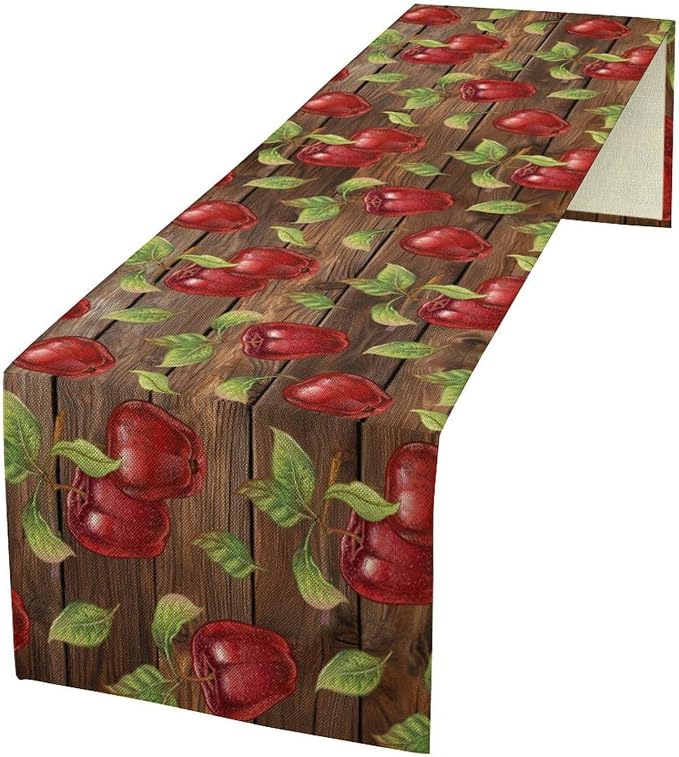 Sweet Apples Table Runner, Fresh Apples Fruit Rustic Wooden Background Table by Unknown