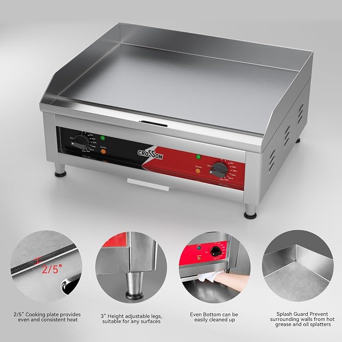 CROSSON 24"*16" Commercial Electric Countertop Griddle, Flat Top Heavy Duty - Image 3
