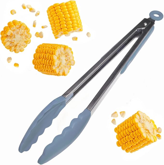 Tongs, 12-Inch Light Blue Silicone with Stainless Steel Core