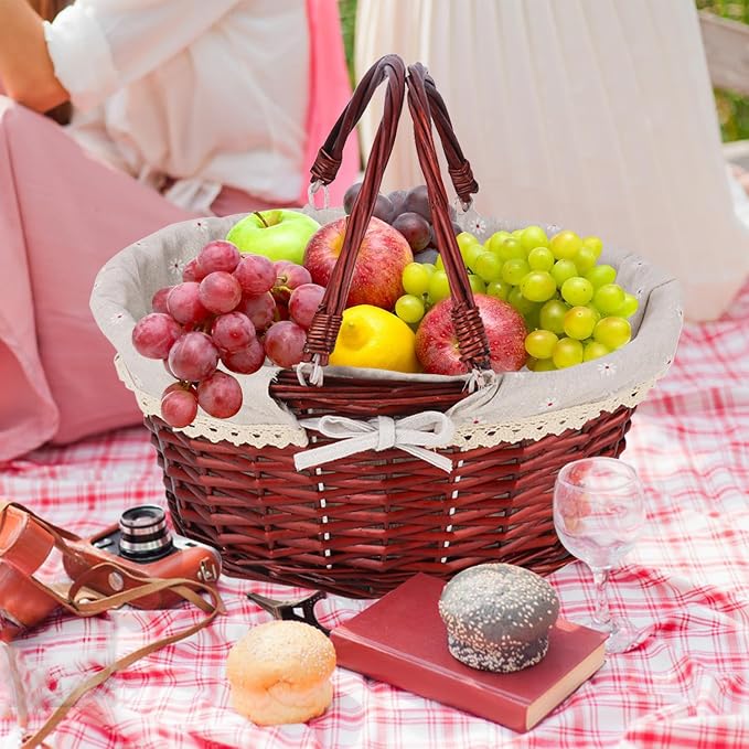 Brown Wicker Basket with Linen Lining, 14 Inch Large Wicker Woven Picnic Basket - Image 5