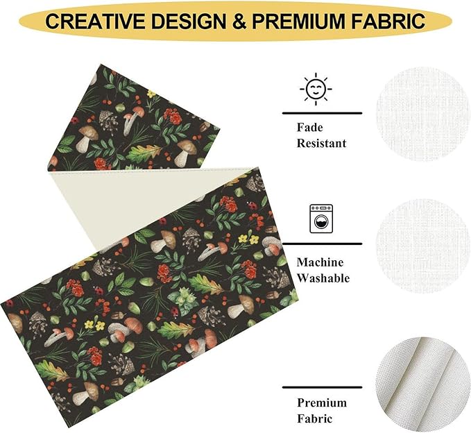 Mushroom Table Runner, Rustic Farmhouse Forest Plants Botanical Wild Floral - Image 4