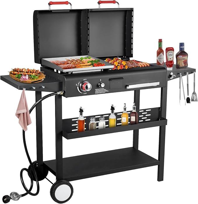 Propane Gas Griddle Charcoal Grill Combo Flat Top Griddle W/Dual Lids & 2 Side by GrillsOutdoorCooking