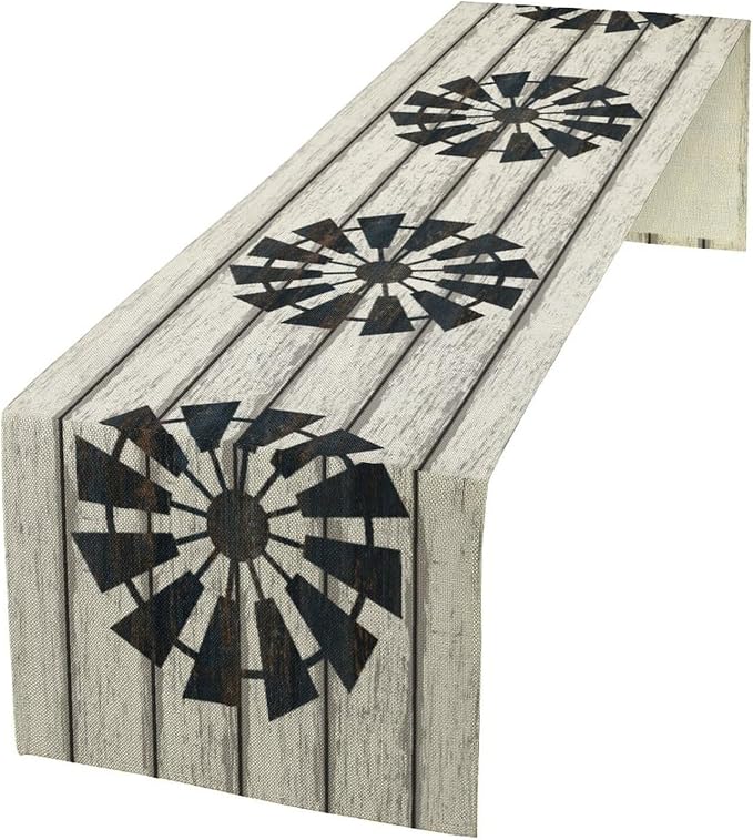 Retro Windmill Table Runner, Rustic Farmhouse Wood Grain Country Style Print by JanJCurt