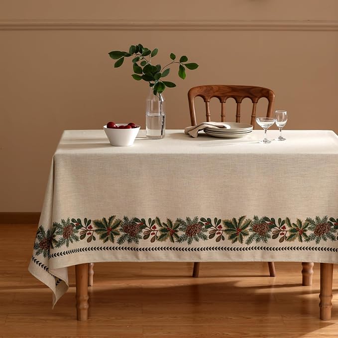 ISAENNE Designer Christmas Linen Small Square Tablecloth, Light Beige Western - Image 2