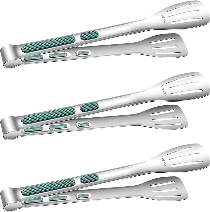 Tongs for Grilling and Cooking, 3-Piece Stainless Steel Set in Green