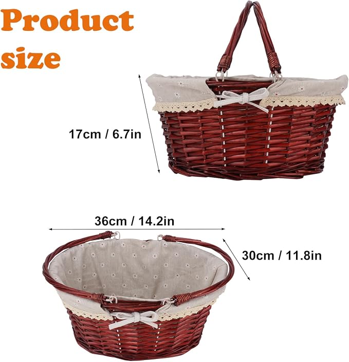 Brown Wicker Basket with Linen Lining, 14 Inch Large Wicker Woven Picnic Basket - Image 2