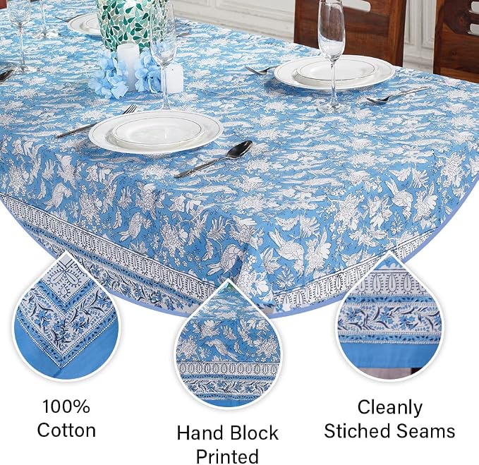 CPC Blue Sapphire 80X120 Inch Rectangle Tablecloth Cotton Indian Block Print - Image 4