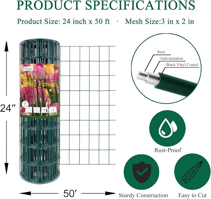 Green PVC Coated Welded Wire Fence 24 Inch x 50 Foot, 2 Inch x 3 Inch 16GA - Image 3