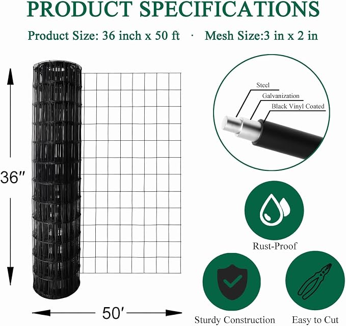 Black PVC Coated Welded Wire Fence 36 Inch x 50 Foot, 2 Inch x 3 Inch 16GA - Image 3
