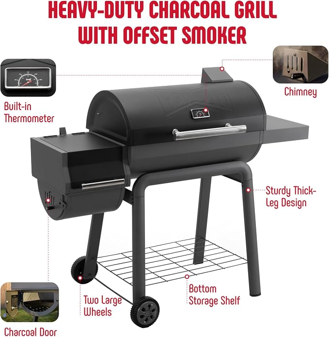 BBQ Charcoal Grill with Offset Smoker Grill and Side Table, 30-In Heavy-Duty - Image 7