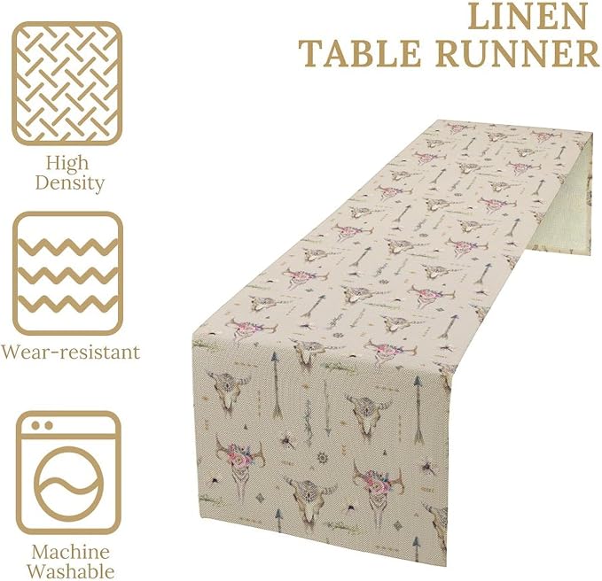 Western Boho Table Runner, Aztec Native Tribal Bull Skull Southwestern Bohemian - Image 6