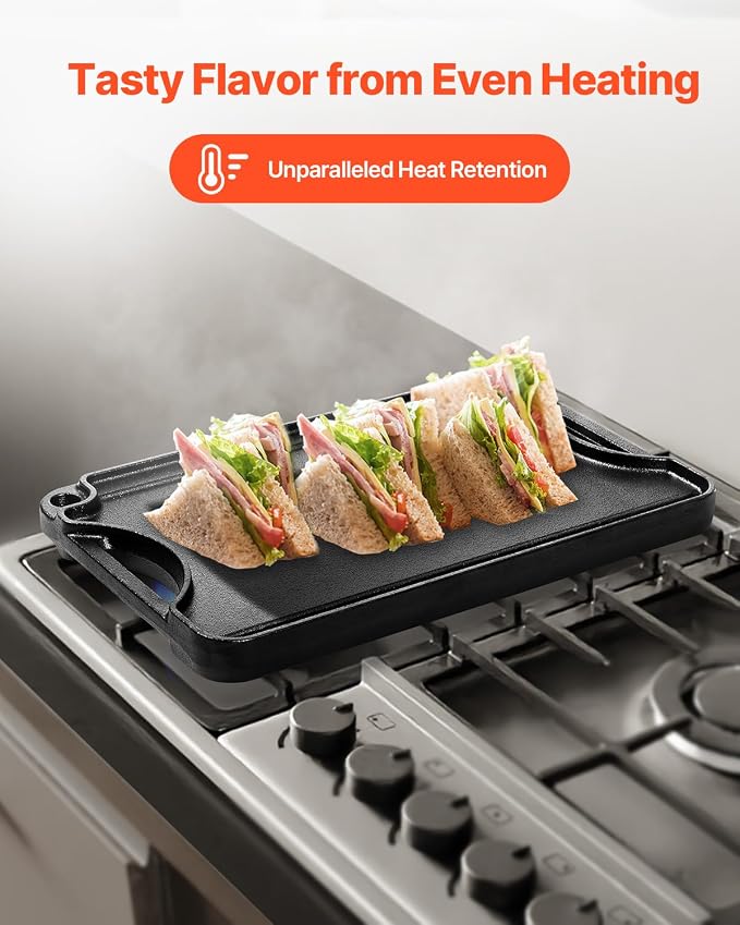 VEVOR Reversible Grill/Griddle, 14x8.5 inch Pre-Seasoned Cast Iron Griddle - Image 7