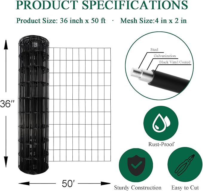 Black PVC Coated Welded Wire Fence 36 Inch x 50 Foot, 2 Inch x 4 Inch 14GA - Image 3