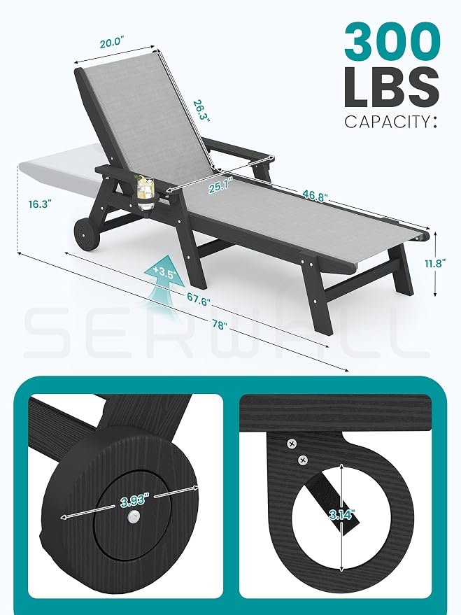 SERWALL Patio Chaise Lounge Chair, 5 Positions Outdoor Lounger - Image 2