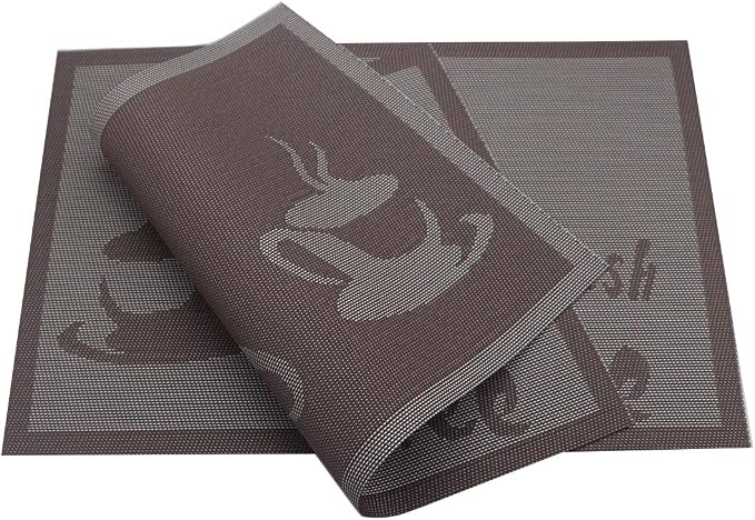 Gugrida Placemats Set of 6 Plaid Checkered Coffee Heat-Resistant Anti-Skid PVC - Image 2