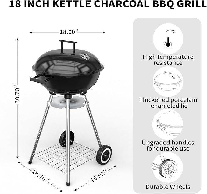 18 Inch Portable Charcoal Grill, Heavy Duty Kettle BBQ Smoker - Image 3