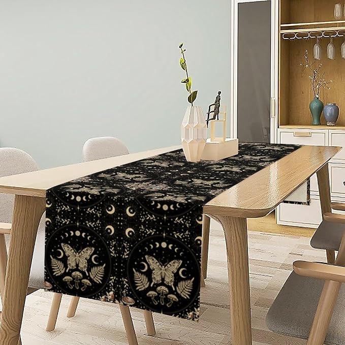 Mushroom Moth Table Runner, Vintage Boho Moon Autumn Seasonal Table Runner - Image 3