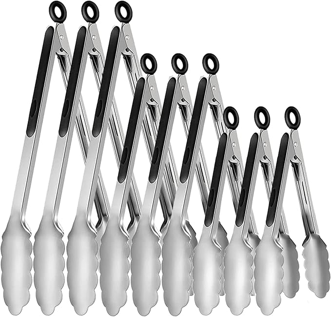 Tongs 9-Piece Stainless Steel Set with 7, 9 and 12 Inch Sizes