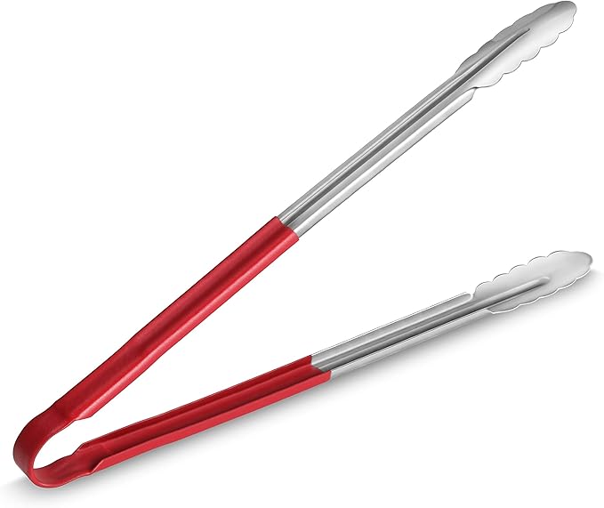 Tongs, 16-Inch Stainless Steel with Red Vinyl-Coated Handles