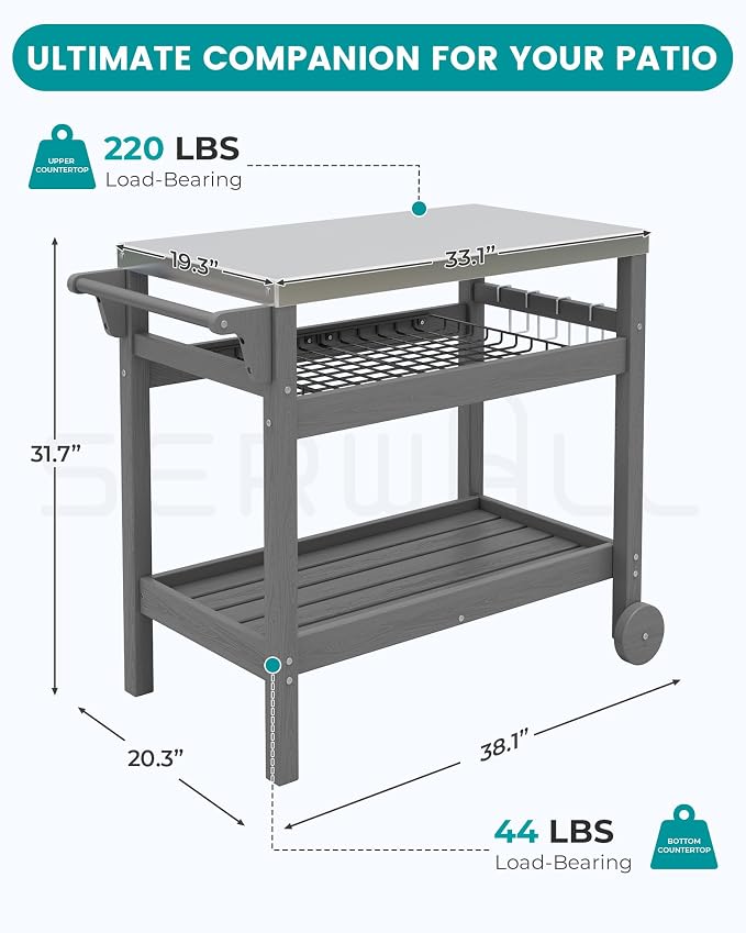 SERWALL Outdoor Grill Cart Pizza Oven Stand Trolley Table - Image 3