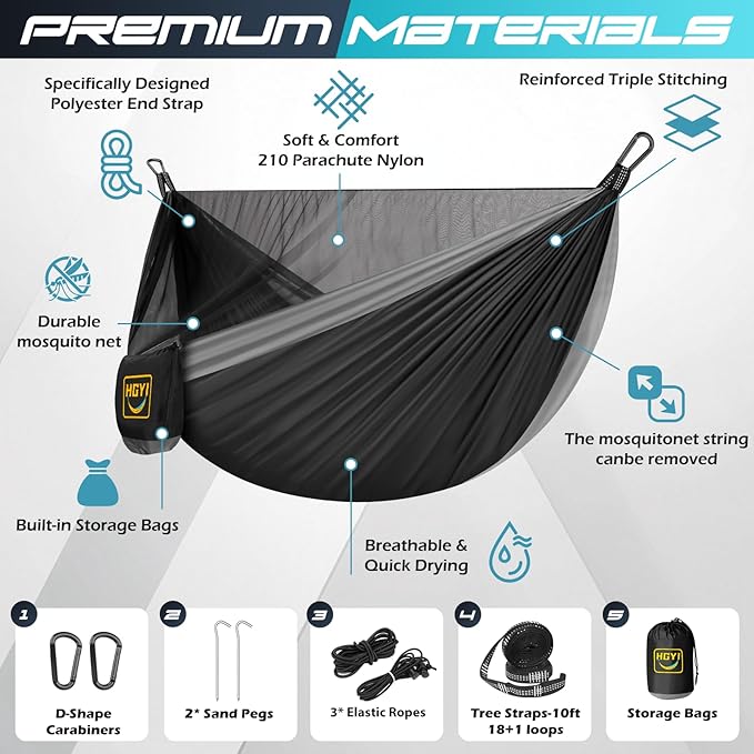 Hammock with Mosquito Net, Black and Grey Nylon