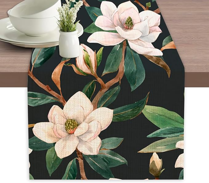 Table Runner White Magnolia Flowers Table Runners Summer Seasonal Kitchen by Elightvap