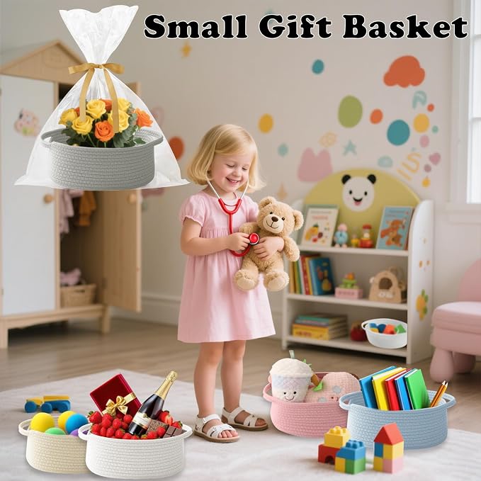 2 Pack Gift Basket with Gift Bag and Ribbons, Small Rope Woven Shelf Storage - Image 4