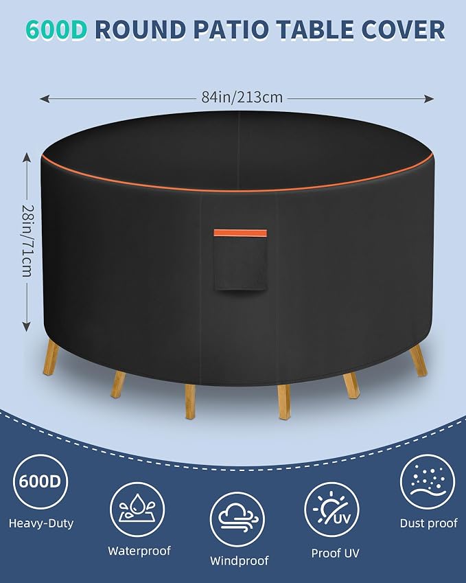 Round Patio Furniture Cover, 84 Inch Diameter Waterproof 600D Heavy Duty Table - Image 2