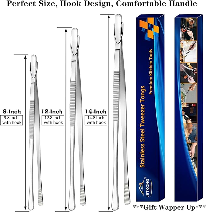 Tongs, 3-Piece Stainless Steel Set in 9, 12 and 14 Inch Silver
