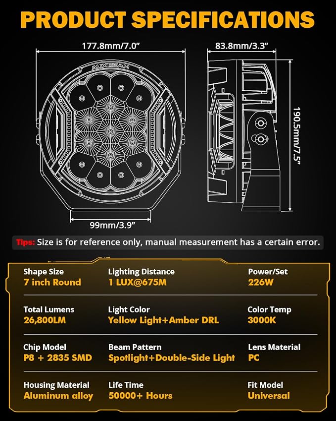 Auxbeam 7 Inch LED Side Shooter Light, V-Ultra Series Round Driving Offroad - Image 4