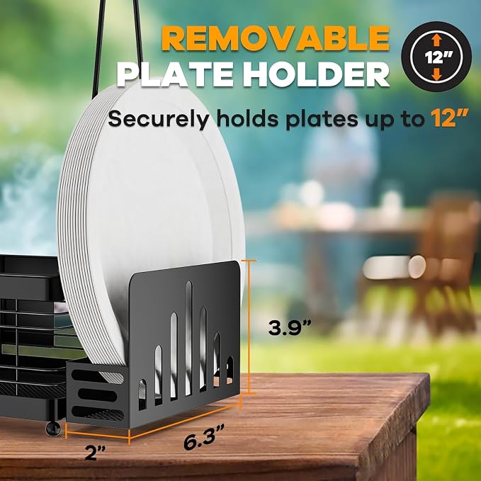 Grill Caddy with Plate Holder and Paper Towel Holder, Picnic BBQ Condiment - Image 3