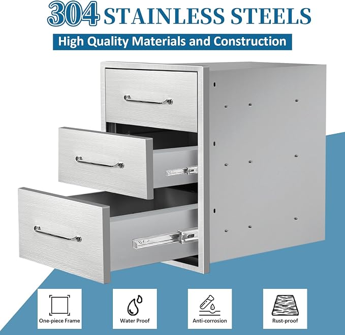 Outdoor Kitchen Drawers 16"Wx21"Hx23"D Flush Mount Access 3-Drawer BBQ - Image 3