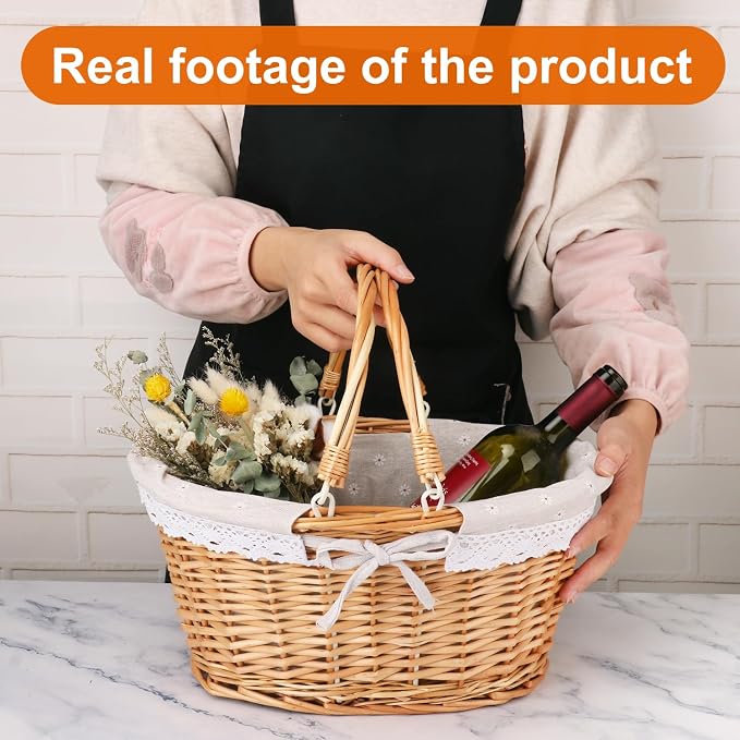 Natural Wicker Basket with Linen Lining, Woven Picnic Basket with Handle - Image 4