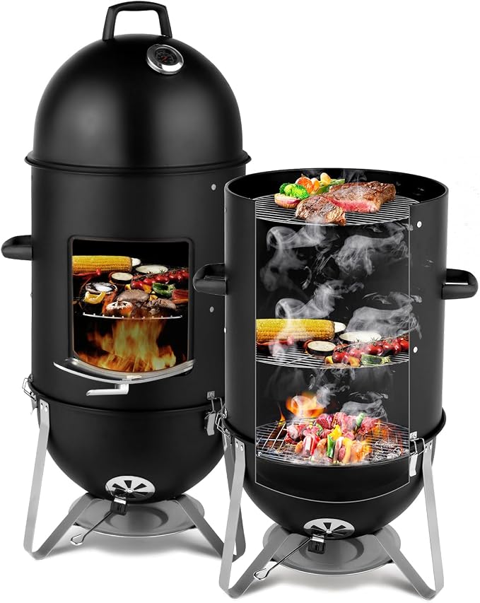 4-Tier 3-in-1 Vertical Charcoal Grill, BBQ Charcoal Smoker by LEADZM