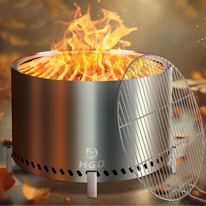 HGD 28" Smokeless Firepit with Stand & Grill Rack, Large Stainless Steel Wood by HGD