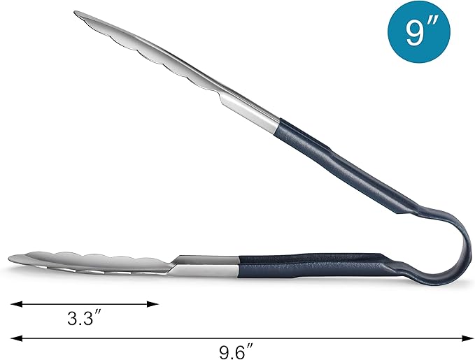 Tongs, 9-Inch Stainless Steel Serving Tongs with Blue Vinyl Handles