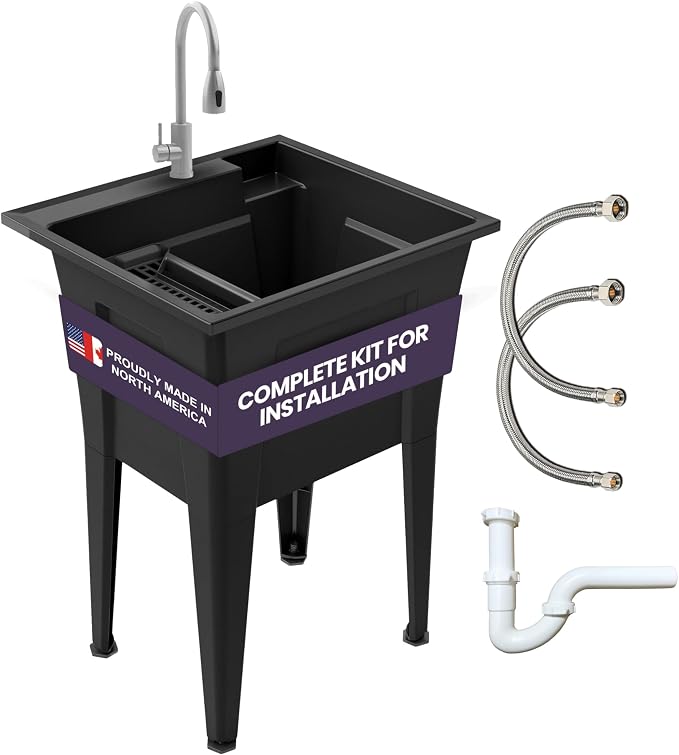 Freestanding Utility Sink with Stainless Steel Gooseneck Faucet by NoahWilliamHome