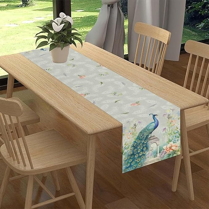 Peacock Table Runner, Watercolor Traditional Chinese Style Peacock Floral - Image 3