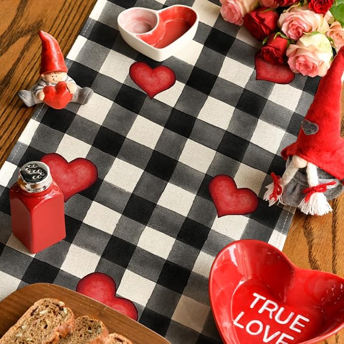 Artoid Mode Watercolor Buffalo Plaid Hearts Gnomes Love Valentine's Table Runner - Image 4