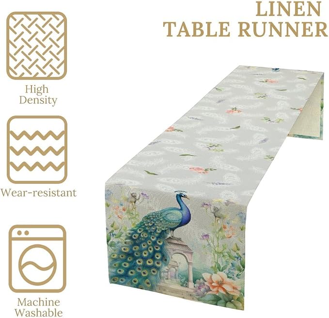 Peacock Table Runner, Watercolor Traditional Chinese Style Peacock Floral - Image 4
