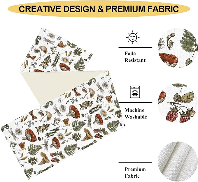 Mushroom Table Runner, Rustic Farmhouse Forest Plants Botanical Country Coffee - Image 5