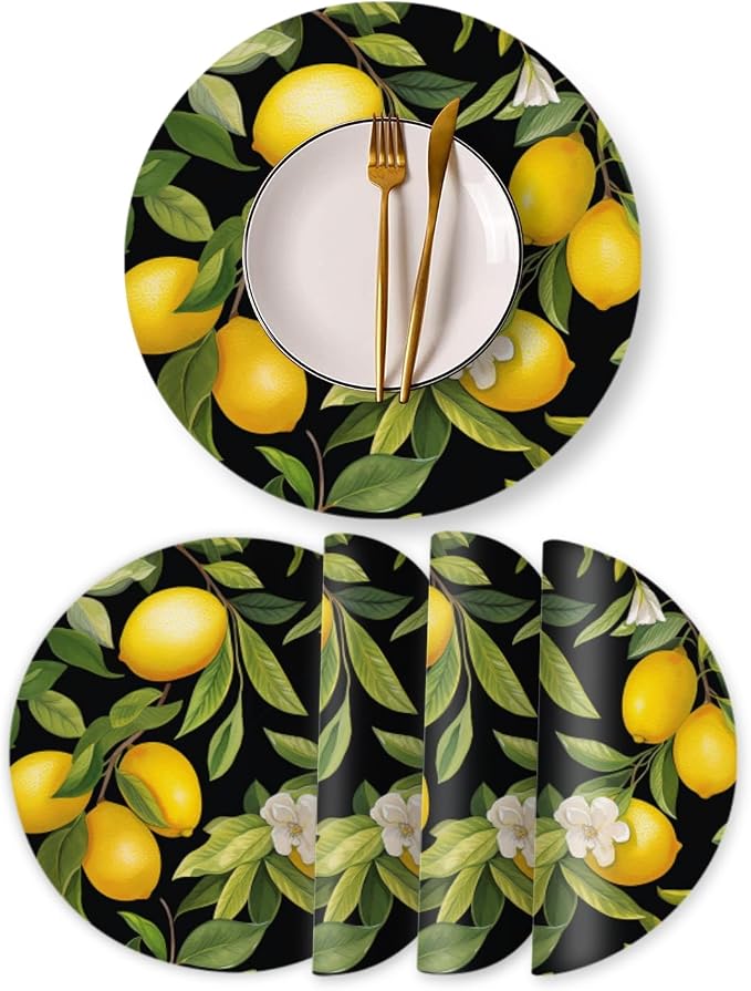 Faux Leather Ding Table Placemats Set of 4, Lemon Tree by BaHomeck